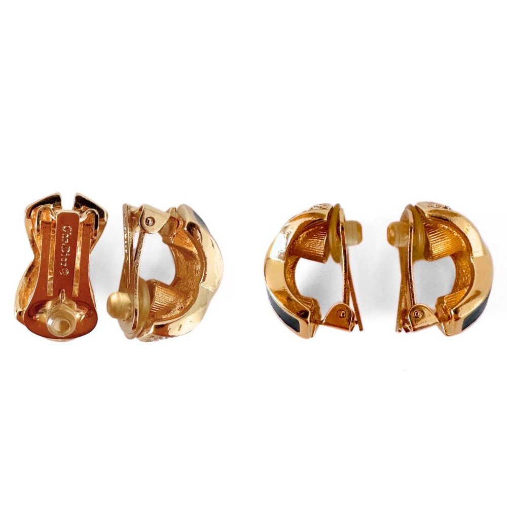 CHRISTIAN DIOR Vintage Gold Tone Clip-on Black Enamel Swarovski Crystal Earrings - Picture 4 of 4